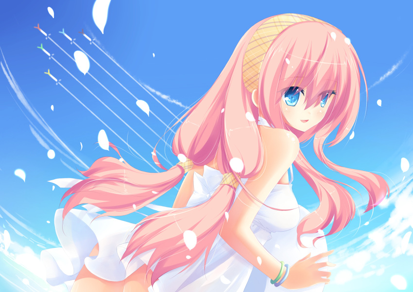 aqua_eyes bad_id blue_eyes bracelet cloud dress hairband highres jewelry liong long_hair megurine_luka petals pink_hair sky smile solo twintails vocaloid white_dress