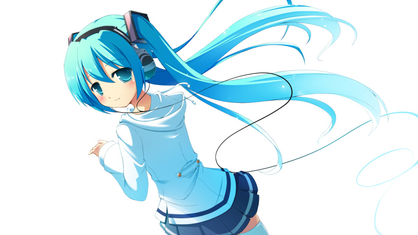 blue_eyes blue_hair blush hatsune_miku headphones highres long_hair looking_at_viewer looking_back masaki_(machisora) simple_background skirt smile solo thighhighs twintails very_long_hair vocaloid