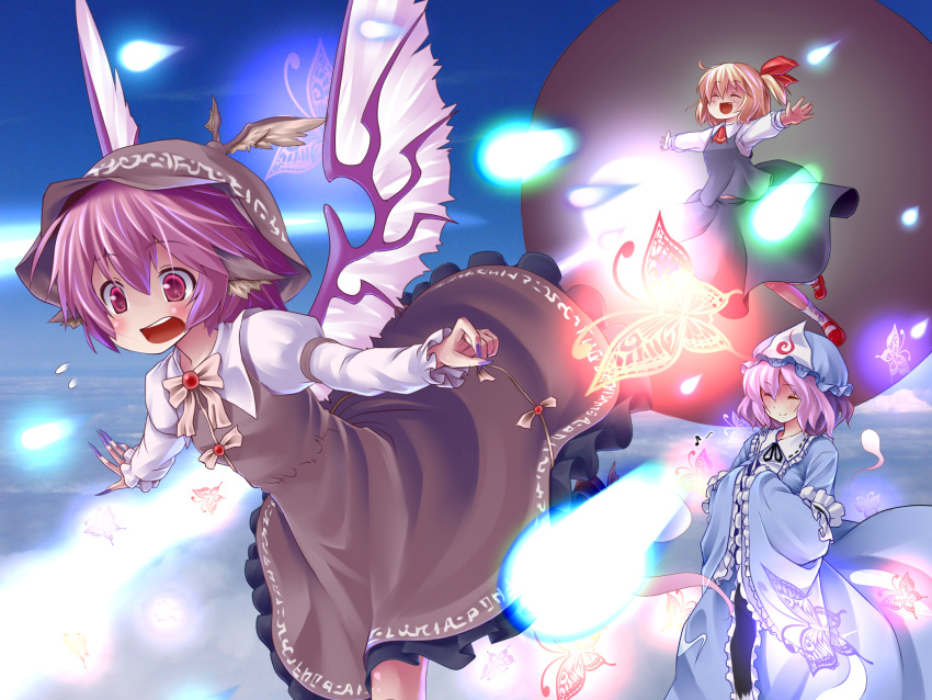 animal_ears blonde_hair butterfly danmaku dress fingernails fork hat highres long_fingernails multiple_girls mystia_lorelei outstretched_arms pink_hair purple_eyes purple_hair rumia saigyouji_yuyuko smile spread_arms touhou violet_eyes w.s.p wings youkai