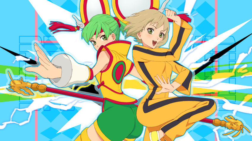 2girls ass blonde_hair bruce_lee's_jumpsuit chinese_clothes detached_sleeves dragon_kid dual_persona fighting_stance green_eyes green_hair hair_ornament hat highres huang_baoling kaisen lightning multiple_girls ponytail short_hair shorts staff thighhighs tiger_&amp;_bunny