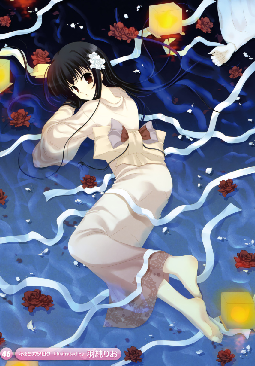 afloat bandage bandages bangs barefoot black_hair blunt_bangs brefoot brown_eyes copyright_request floating_hair flower from_above hair_flower hair_ornament hazumi_rio highres hzumi_rio japanese_clothes kimono lantern lights long_hair looking_back lying petals red_rose rose scan solo submerged water yukata