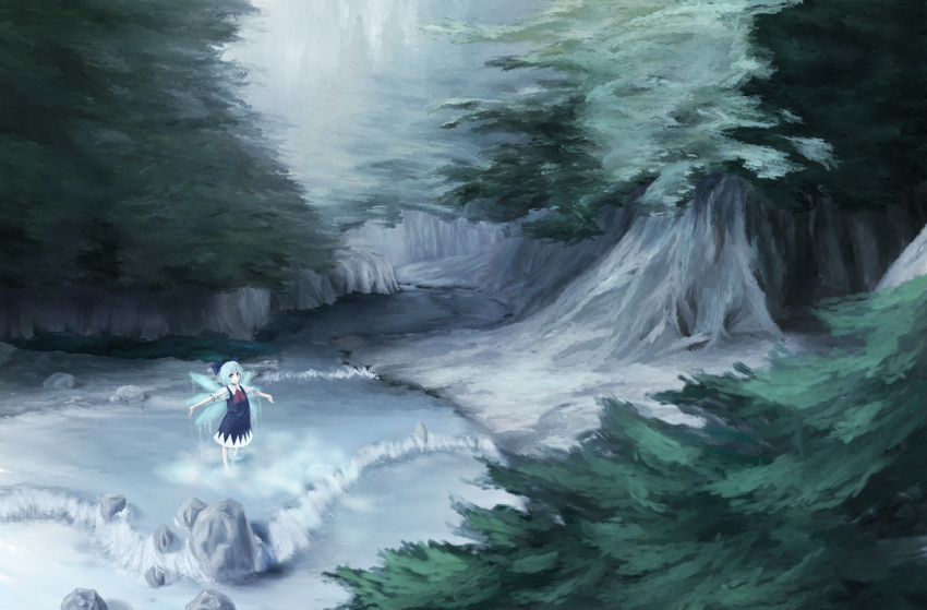 akaikitsune bad_id blue_eyes blue_hair bow cirno dress dress_shirt forest hair_bow highres nature outstretched_arms river shirt solo spread_arms touhou wading water wet wings
