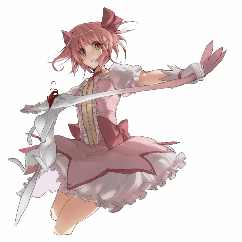 face_stretching gloves hair_ribbon kaname_madoka kyubey magical_girl mahou_shoujo_madoka_magica outstretched_arms pink_eyes pink_hair putera_no_shuryou ribbon short_hair short_twintails simple_background spread_arms twintails