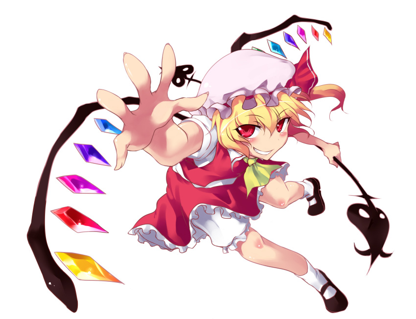 blonde_hair flandre_scarlet foreshortening grin highres kiyoichi laevatein outstretched_hand red_eyes short_hair side_ponytail simple_background smile solo the_embodiment_of_scarlet_devil touhou wings
