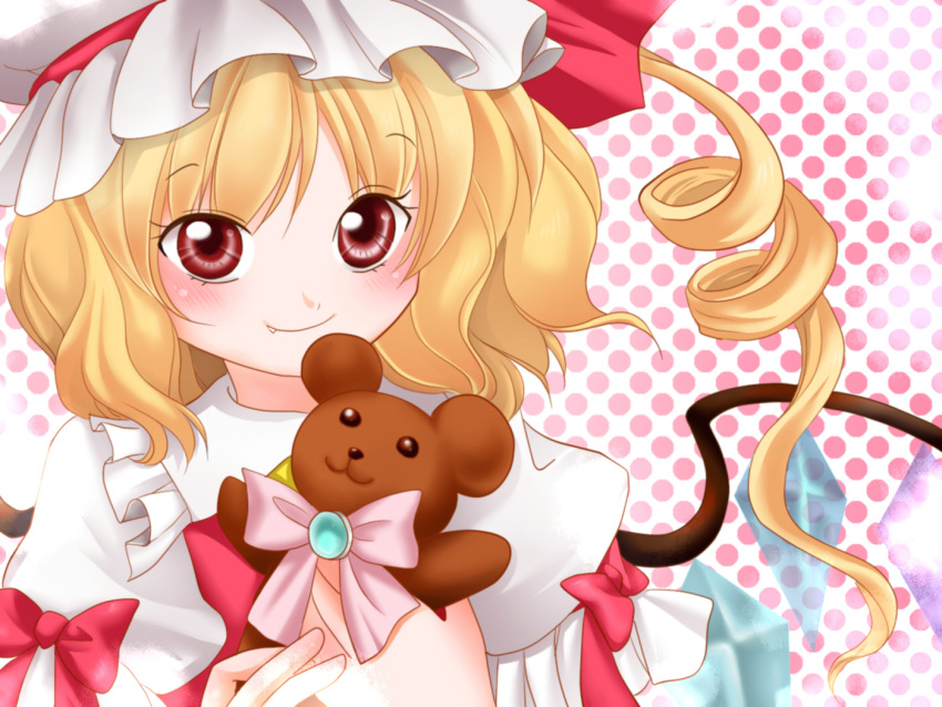 blonde_hair blush bow close close-up drill_hair face fang flandre_scarlet hat red_eyes ribbon side_ponytail smile solo stuffed_animal stuffed_toy teddy_bear the_embodiment_of_scarlet_devil touhou wings yuzuna99