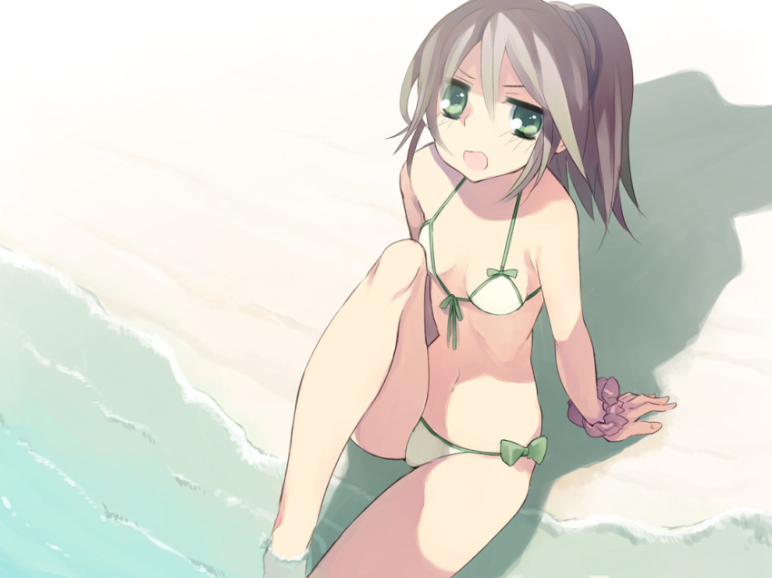 bare_shoulders beach bikini blush brown_hair flat_chest from_above front-tie_top green_eyes looking_up navel open_mouth original ponytail rugo scrunchie side-tie_bikini sitting solo swimsuit thighs water wet