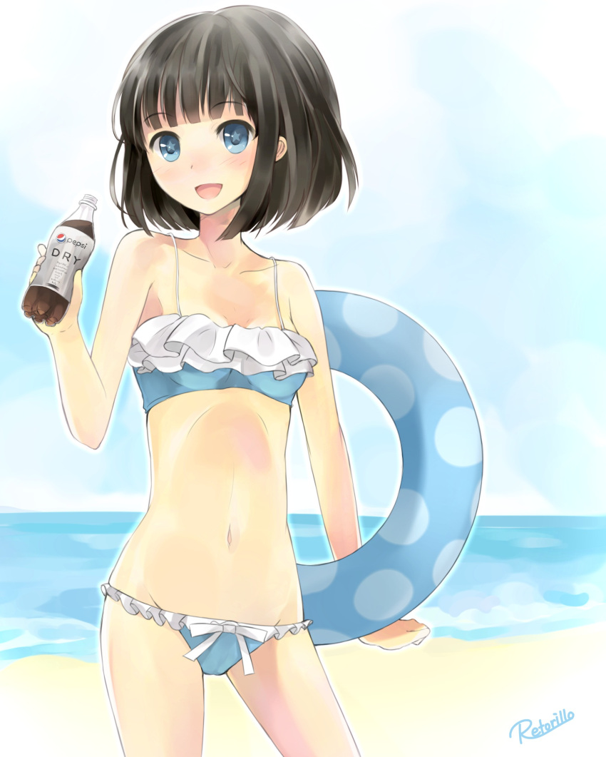 black_hair blue_eyes bottle frills highres innertube original pepsi retorillo saine_(retorillo) short_hair swimsuit symbol-shaped_pupils