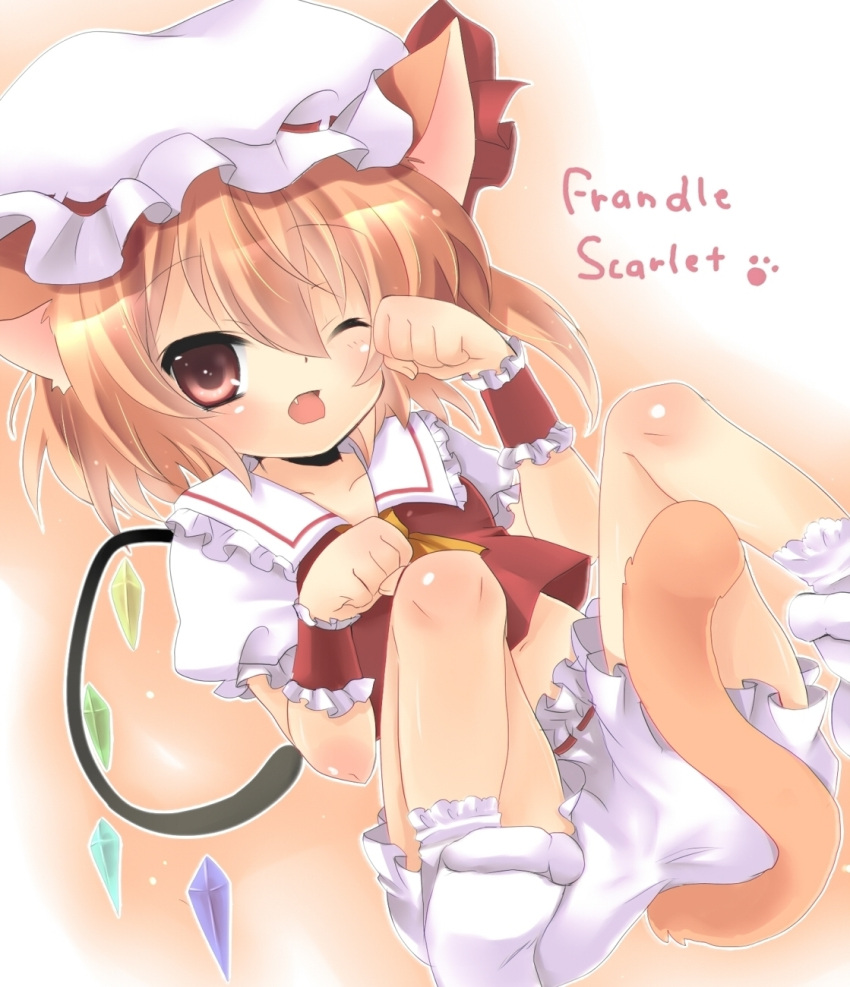 animal_ears ascot blonde_hair bloomers cat_ears cat_pose cat_tail colored engrish fang flandre_scarlet highres kemonomimi_mode necktie no_pants on_back open_mouth paw_pose ranguage red_eyes shirt side_ponytail socks solo tail the_embodiment_of_scarlet_devil touhou white_legwear wings wink wrist_cuffs wristband yumemomosaka