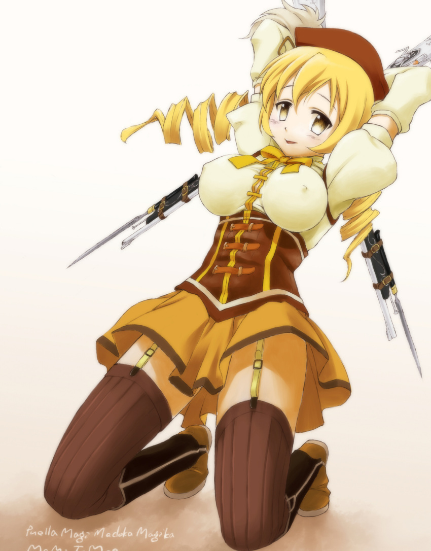 arms_behind_head arms_up bayonet beret blonde_hair blush boots breasts brown_legwear corset crossed_arms dancho_(danch) detached_sleeves drill_hair dual_wielding erect_nipples fingerless_gloves garter_straps gloves gradient gradient_background gun hair_ornament hairpin hat highres kneeling large_breasts magical_girl magical_musket mahou_shoujo_madoka_magica open_mouth pleated_skirt puffy_sleeves ribbon rifle skirt smile solo taut_shirt thigh-highs thighhighs tomoe_mami twin_drills vertical-striped_legwear vertical_stripes weapon yellow_eyes zettai_ryouiki