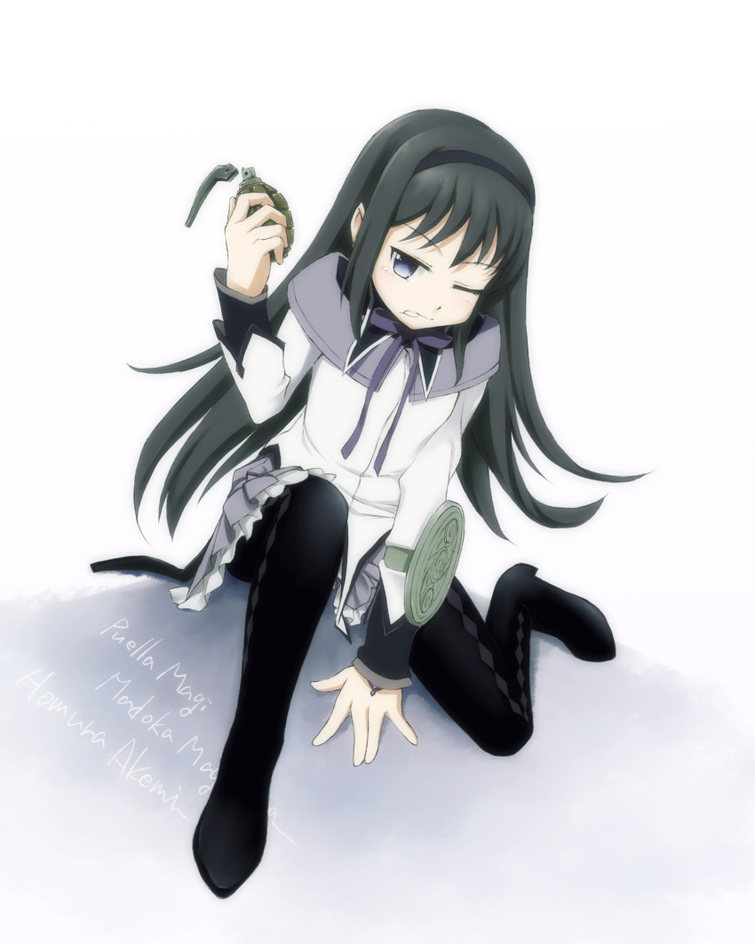 akemi_homura between_legs black_hair boots dancho_(danch) explosive grenade hairband hand_between_legs highres long_hair mahou_shoujo_madoka_magica mouth_hold pantyhose pleated_skirt purple_eyes skirt solo thigh_boots thighhighs violet_eyes wink