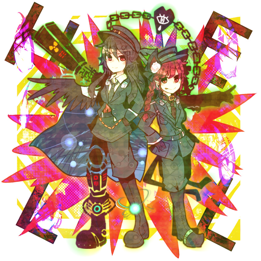 alternate_costume animal_ears arm_cannon bad_id black_wings braid brown_hair cat_ears chain chains collar extra_ears hat heart highres kaenbyou_rin long_hair multiple_girls necktie radiation_symbol red_eyes red_hair redhead reiuji_utsuho ringetsumon tongue tongue_out touhou twin_braids uniform weapon wings