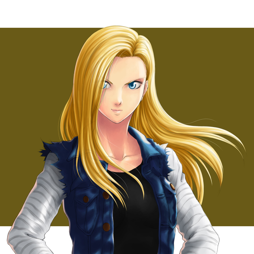 alternate_hairstyle android_18 blonde_hair blue_eyes dragon_ball dragon_ball_z dragonball_z drawfag hair_over_one_eye highres long_hair open_vest smile solo torn_clothes torn_sleeves vest