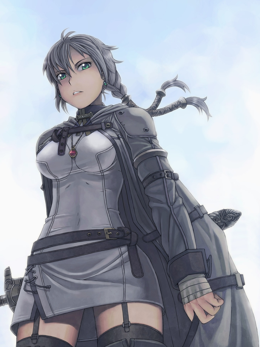 bandage bandages belt black_legwear black_thighhighs blue_sky boots braid breasts cape coat earrings fantasy female fingerless_gloves from_below garter_straps gloves green_eyes highres itou_(onnsokutassya) itou_(onsoku_tassha) jacket jewelry long_hair necklace open_mouth original ponytail silver_hair sky solo sword thigh-highs thigh_boots thighhighs twin_braids weapon white_hair zettai_ryouiki