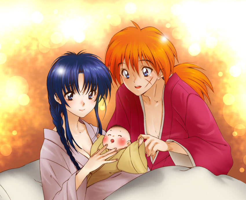 black_hair blue_eyes couple family highres himura_kenji himura_kenshin japanese_clothes kamiya_kaoru kimono long_hair red_hair redhead rurouni_kenshin scar spoilers tears yukimitsuki