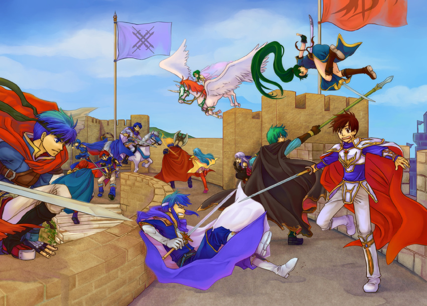 4girls 9boys angry aqua_hair armor artist_request axe barding battle blue_eyes blue_hair boots brown_eyes brown_hair cape castle celice celice_(fire_emblem) celice_baldos_chalphy character_request crossover eirika elincia_ridell_crimea eliwood ephraim eyes_closed fire_emblem fire_emblem:_akatsuki_no_megami fire_emblem:_fuuin_no_tsurugi fire_emblem:_mystery_of_the_emblem fire_emblem:_rekka_no_ken fire_emblem:_seima_no_kouseki fire_emblem:_seisen_no_keifu fire_emblem:_souen_no_kiseki fire_emblem:_thracia_776 fire_emblem_fuuin_no_tsurugi fire_emblem_thracia_776 flag flying green_eyes green_hair headband hector horse ike injury jump jumping katana lance leaf_(fire_emblem) lyn lyndis_(fire_emblem) marth micaiah multiple_girls pants pantyhose pegasus pegasus_knight polearm ponytail red_hair riding roy roy_(fire_emblem) running serious sigurd sigurd_(fire_emblem) silver_hair skirt sky spear stair staircase stairs sword thigh_boots thighhigh_boots thighhighs tiara weapon wings wounded