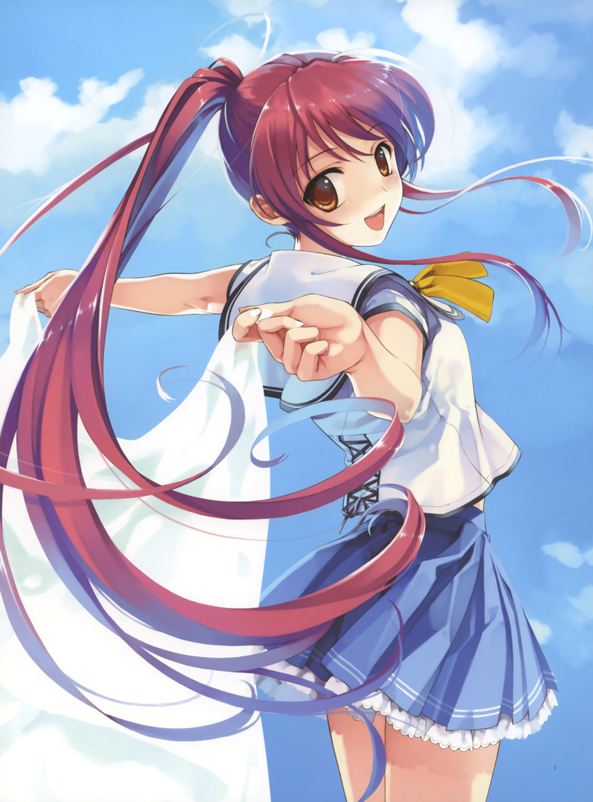 :d artist_request highres long_hair looking_back misaki_kurehito miyamae_tomoka open_mouth ponytail red_hair redhead skirt sky smile solo suiheisen_made_nan_mile?