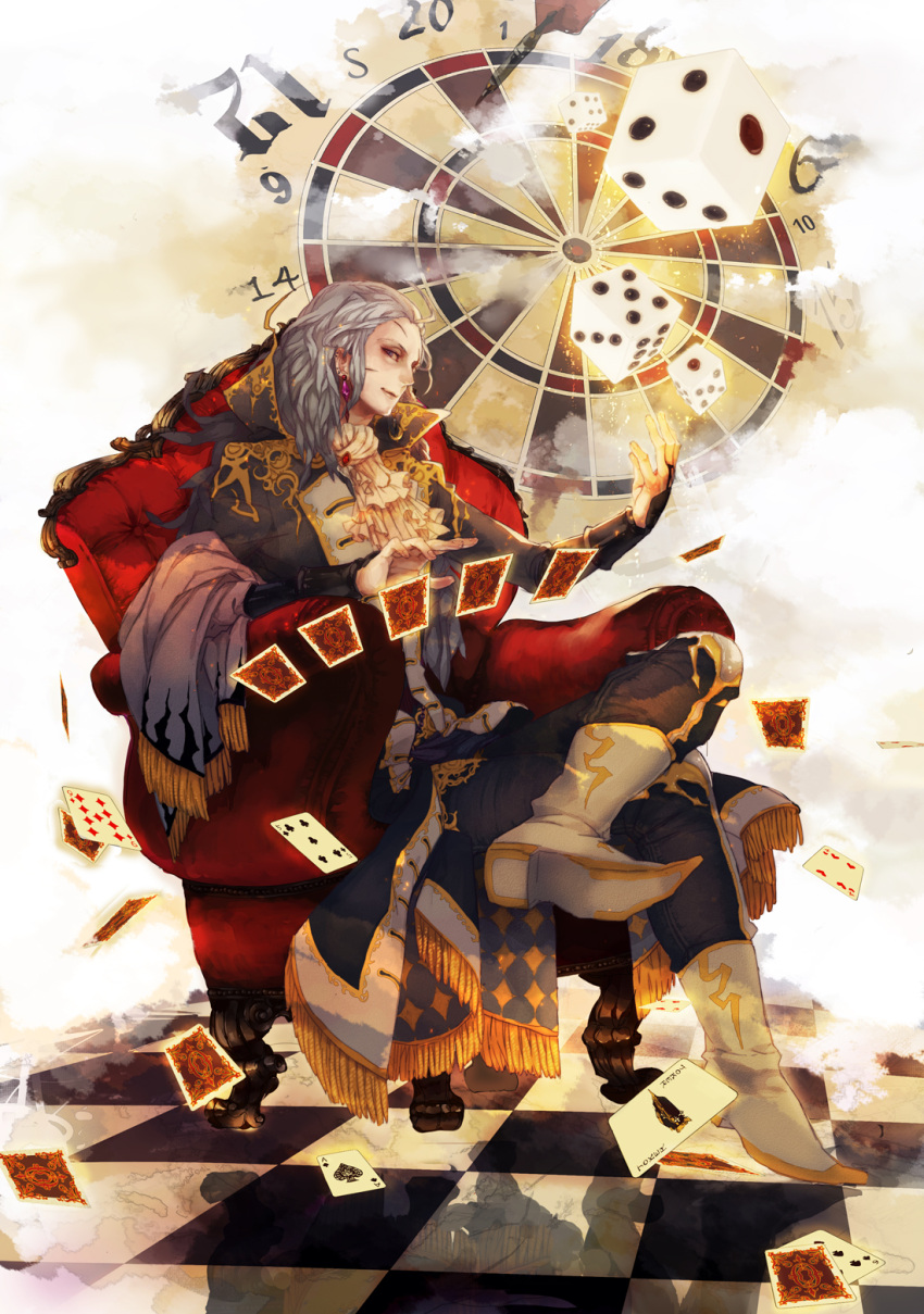 boots card cards checkered checkered_floor cravat dart dartboard dice earrings falling_card final_fantasy final_fantasy_vi floating_card grey_hair hi-fi highres jewelry long_hair lying_card male playing_card scar setzer_gabbiani sitting smile solo