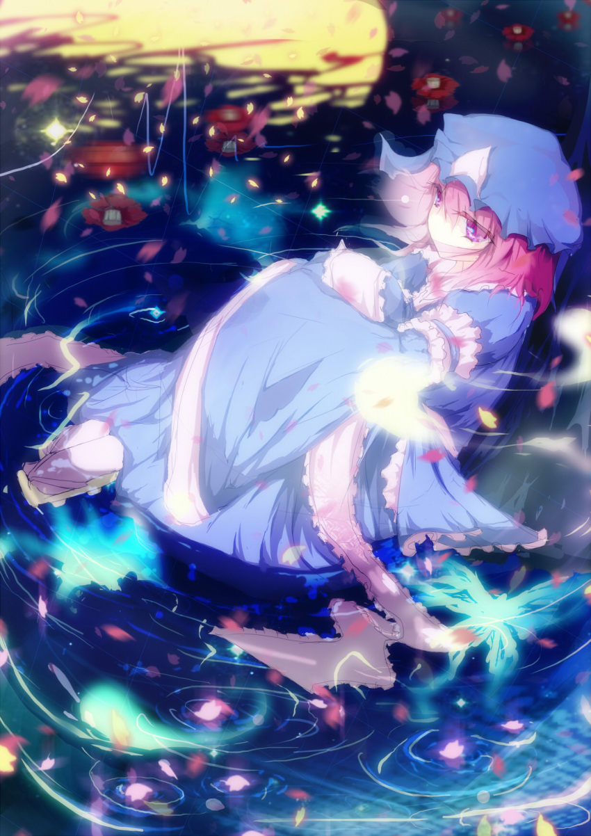 bad_id butterfly cherry_blossoms flower ghost hat highres hitodama japanese_clothes moon petals pink_eyes pink_hair reflection saigyouji_yuyuko solo touhou triangular_headpiece ue water
