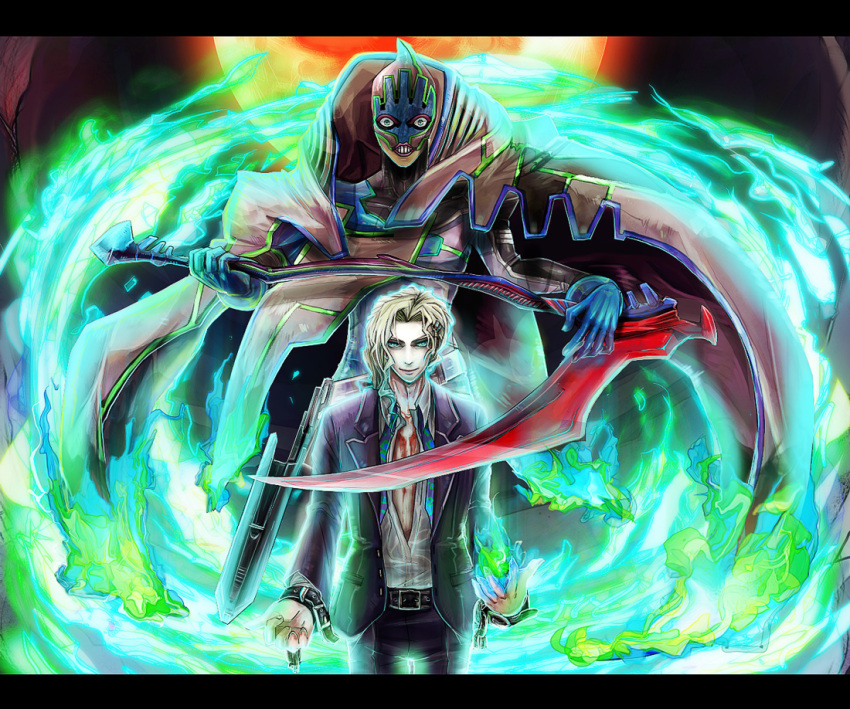 blood blue_eyes blue_fire blue_flame cape fire formal full_moon gloves green_fire green_flame hair_ornament hairclip letterboxed lips long_hair lunatic_(tiger_&amp;_bunny) luneru22 male mask moon necktie pale_skin ponytail scythe suit superhero tiger_&amp;_bunny white_hair yuri_petrov