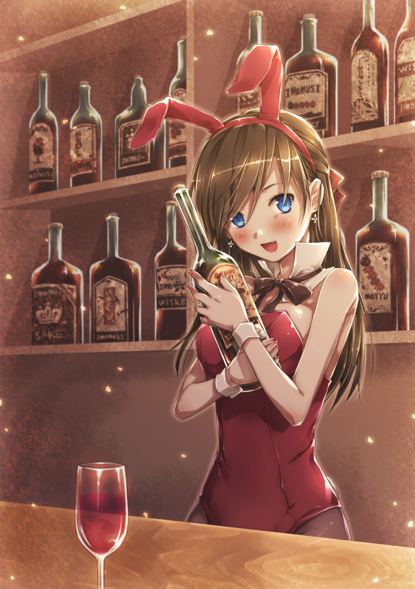 bad_id bar blue_eyes blush bottle breasts brown_hair bunnysuit detached_collar face fang goblet hands highres imomu long_hair original pantyhose smile solo wine wrist_cuffs