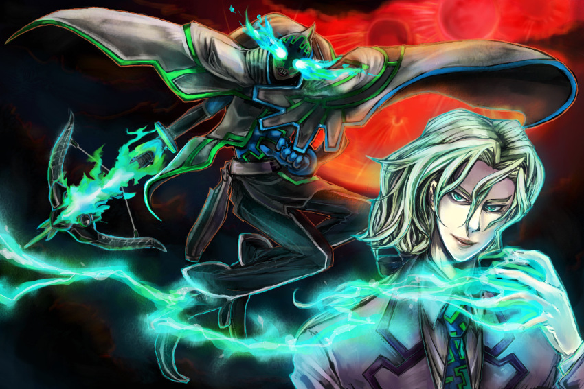 bellbottoms blue_eyes blue_flame bow bow_(weapon) cape crossbow fire formal full_moon gloves glowing glowing_eyes green_fire green_flame hair_bow high_heels lips long_hair lunatic_(tiger_&amp;_bunny) luneru22 male mask moon necktie pale_skin ponytail shoes suit superhero tiger_&amp;_bunny weapon white_hair yuri_petrov