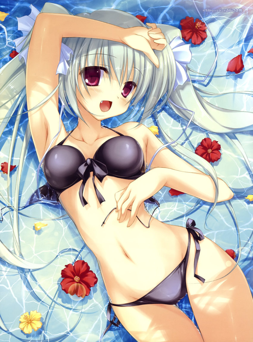 :d absurdres armpits bare_shoulders bikini blush breasts collarbone face fang flower front-tie_top fujisaki_rei hair_ribbon highres looking_at_viewer lying navel on_back open_mouth original petals purple_eyes ribbon side-tie_bikini silver_hair smile solo swimsuit thigh_gap thighs twintails violet_eyes water