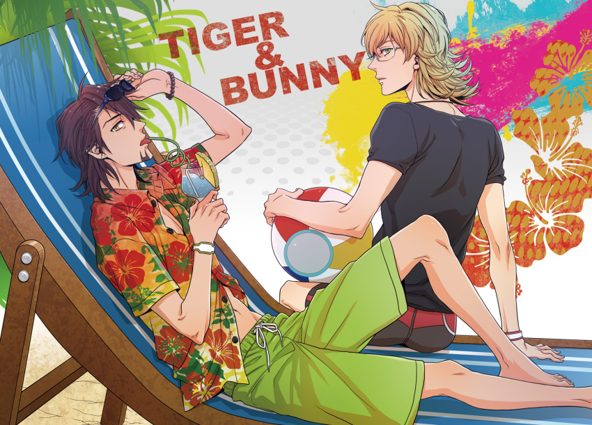 akuta_michi ball barefoot barnaby_brooks_jr beach_chair beachball blonde_hair bracelet brown_eyes brown_hair drink facial_hair glasses green_eyes hawaiian_shirt jewelry kaburagi_t_kotetsu male multiple_boys short_hair shorts stubble summer sunglasses t-shirt tiger_&amp;_bunny