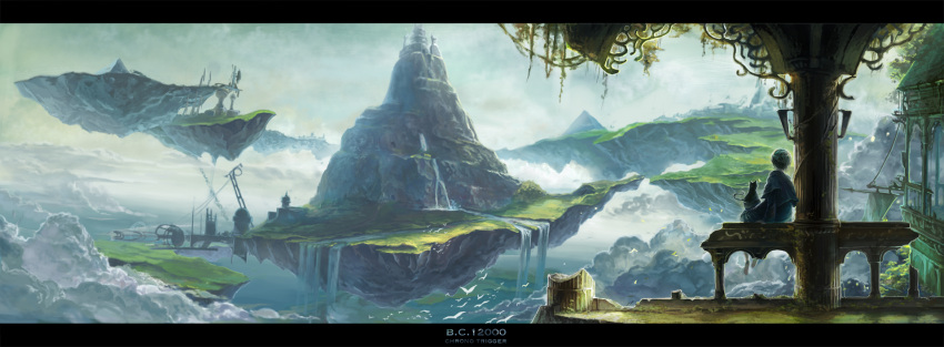 bird cat chrono_trigger cloud duplicate floating_island highres janus_zeal kaiko_(gami770) letterboxed mountain scenery sitting sky solo water waterfall