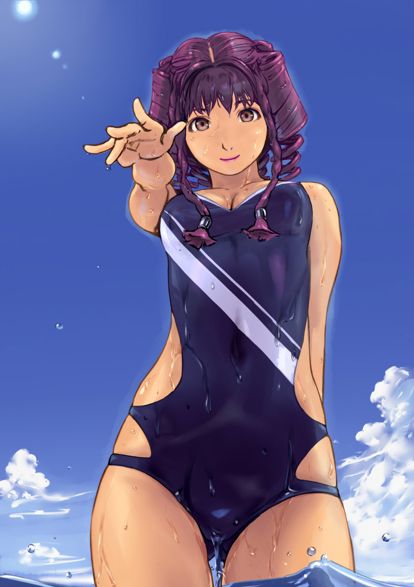 arm_behind_back blue_sky braid breasts carina_(xiaowoo) cleavage cloud drill_hair foreshortening hair_tubes hands highres lens_flare lipstick long_hair looking_down makeup one-piece_swimsuit original outstretched_arm purple_hair purple_lipstick sky solo swimsuit twin_braids twin_drills wading water water_droplets wet