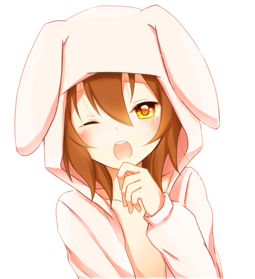 akane_(goma) animal_costume blush brown_hair bunny_costume goma_(11zihisin) hat highres hoodie male open_clothes open_mouth open_shirt orange_eyes original shirt simple_background solo tears trap wink yawning