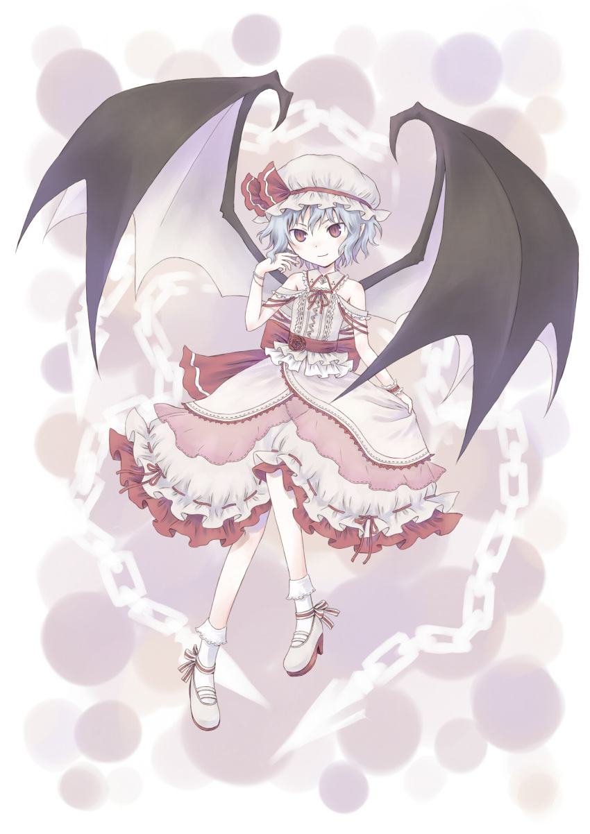 1girl adapted_costume bare_shoulders bat_wings blue_hair bobby_socks bow bowed_wings bracelet embellished_costume frills hat hat_bow highres jewelry large_wings pointy_ears remilia_scarlet short_hair slit_pupils smile socks solo touhou tsurime wings wrist_cuffs