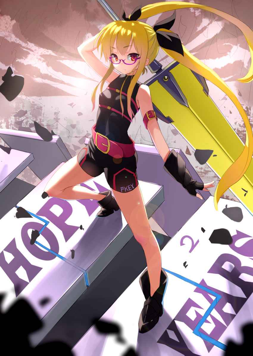 armband bad_id bare_shoulders belt bespectacled blonde_hair boots buckle fate_testarossa fingerless_gloves fkey flat_chest glasses gloves highres long_hair looking_at_viewer lyrical_nanoha magical_girl mahou_shoujo_lyrical_nanoha purple-framed_glasses red_eyes ruins solo standing sword twintails weapon zengxianxin