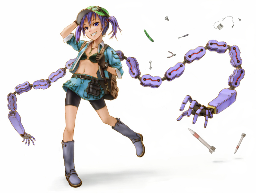 alternate_costume backpack bad_id bag belt bike_shorts bikini_top blue_eyes blue_hair boots contemporary cucumber digital_media_player flat_chest gloves goggles goggles_on_head grin hair_bobbles hair_ornament hat highres ipod jacket jewelry kawashiro_nitori key kurione_(pixiv) kurione_(zassou) leg_lift legs mechanical_arms midriff missile navel necklace nobiiru_arm o-ring_top pliers robotic_arms screw screwdriver short_hair short_twintails skirt sleeves_rolled_up smile solo touhou twintails watch wrench wristwatch