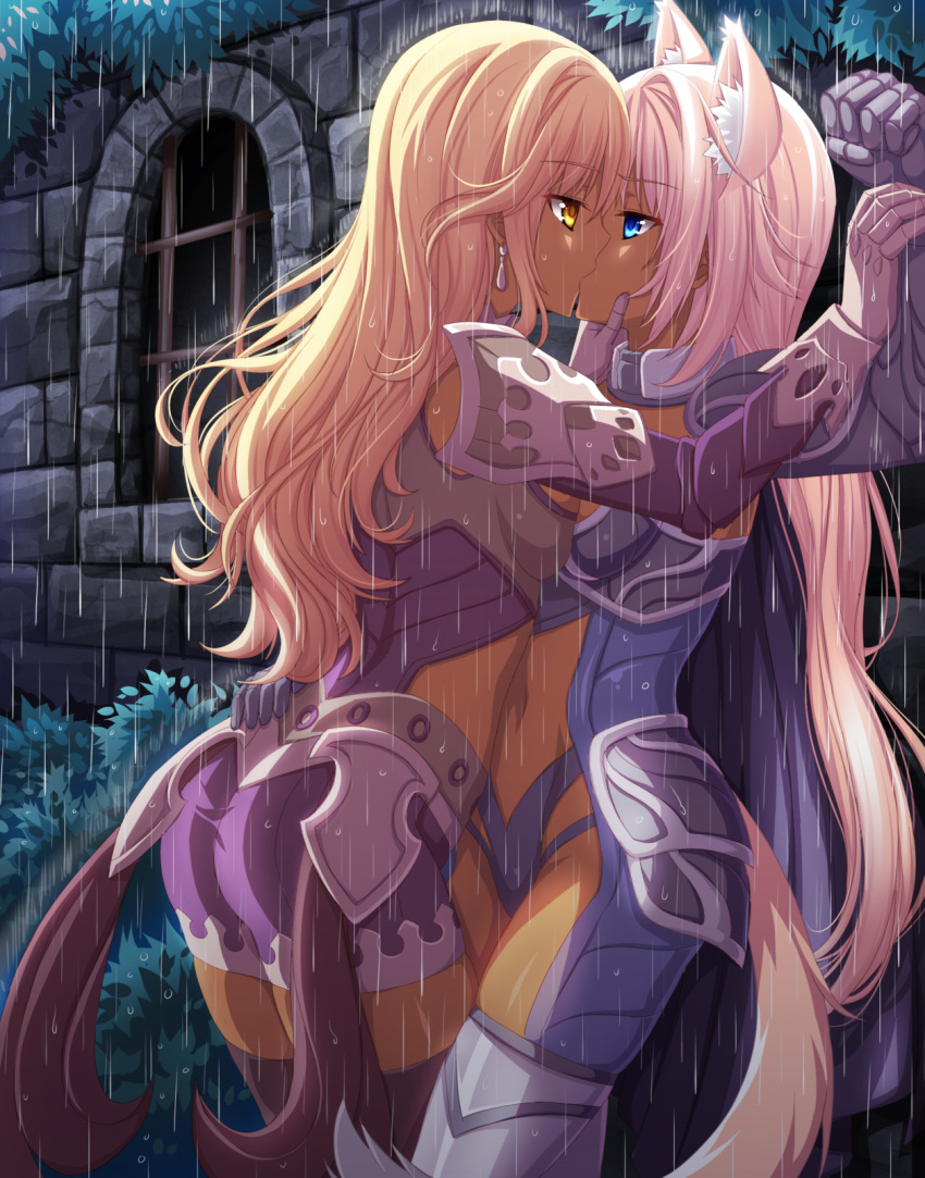 2girls animal_ears armor ass blonde_hair blue_eyes breast_press breasts clenched_hand earrings gloves hand_on_another's_chin highres jewelry kiss long_hair multiple_girls navel original rain tan thigh-highs vioka yellow_eyes yuri