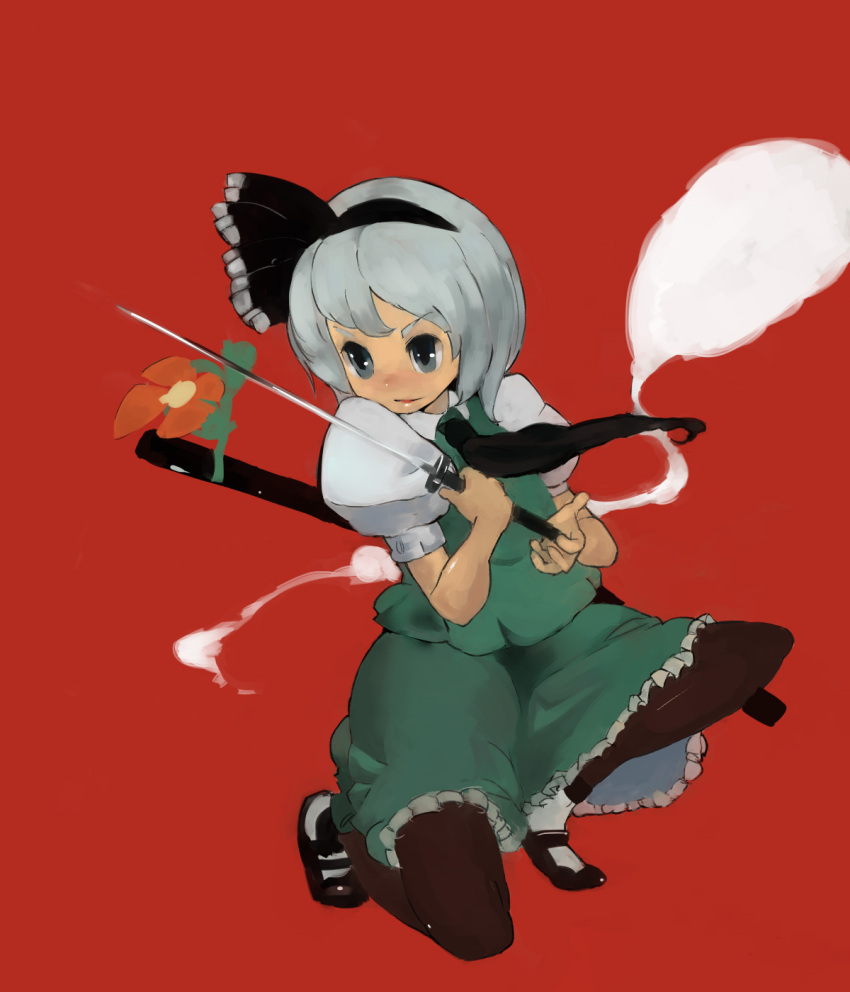 flower ghost grey_eyes hairband highres katana kneeling konpaku_youmu konpaku_youmu_(ghost) myon pantyhose ribbon short_hair silver_hair sword touhou weapon