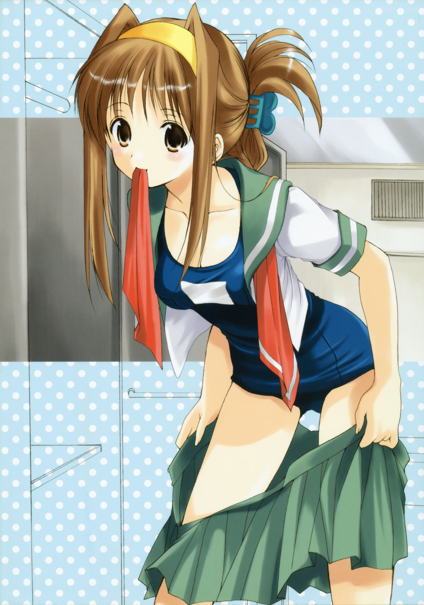 azuma_yuki brown_eyes brown_hair hair_ornament hairband hairclip highres leaning_forward locker_room mouth_hold one-piece_swimsuit open_clothes open_shirt open_skirt original school_swimsuit school_uniform shirt skirt_down skirt_pull solo swimsuit swimsuit_under_clothes undressing