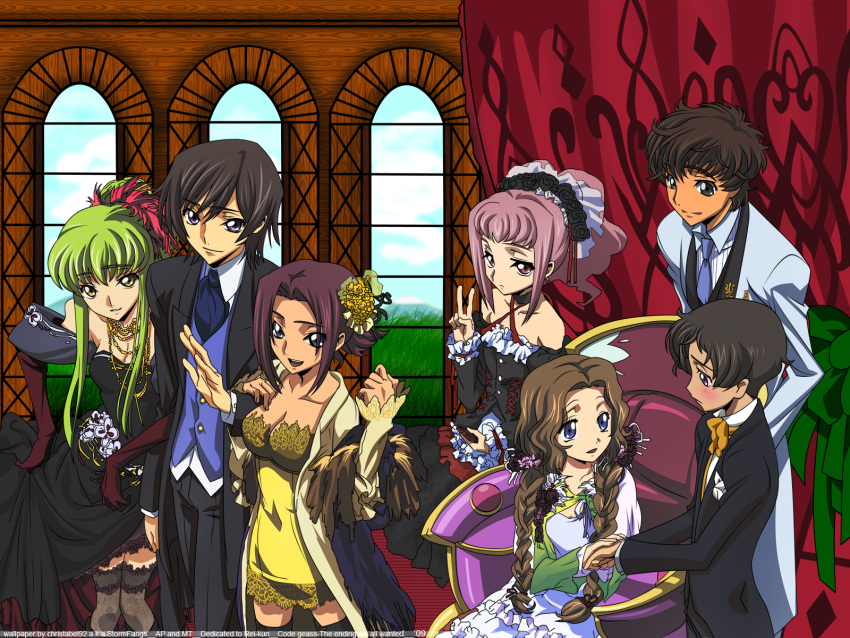 anya_alstreim blue_eyes braid breasts brown_hair c.c. cc cleavage code_geass dress formal frilled_dress frills green_hair hair_up highres jewelry kallen_stadtfeld kururugi_suzaku lelouch_lamperouge long_hair necklace nunnally_lamperouge open_eyes pink_eyes pink_hair purple_eyes red_hair rolo_lamperouge suit thighhighs twin_braids wallpaper yellow_eyes