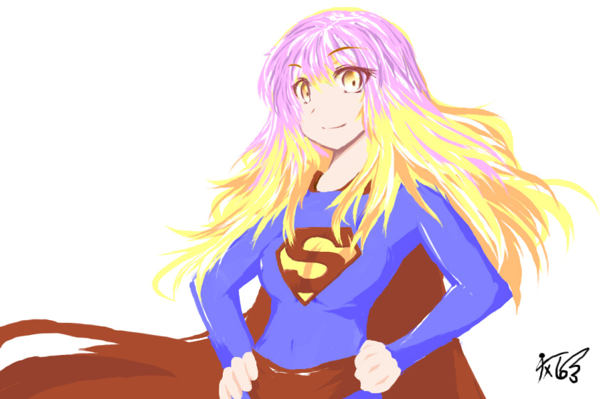 dc_comics gradient_hair hijiri_byakuren long_hair milksea multicolored_hair parody solo superman superman_(cosplay) touhou yellow_eyes