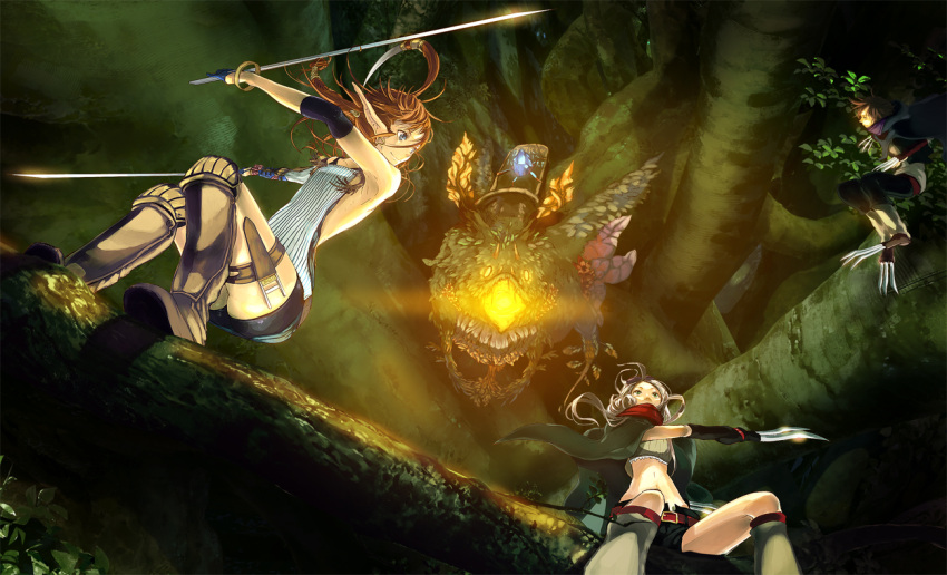 3girls blue_eyes brown_hair dual_wielding fantasy forest katou_taira nature pixiv pixiv_fantasia pixiv_fantasia_4 pointy_ears sword tree weapon