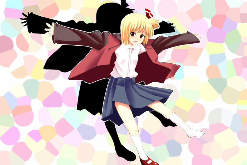 blonde_hair contemporary jacket kuze outstretched_arms rumia shadow single_shoe skirt socks spread_arms touhou