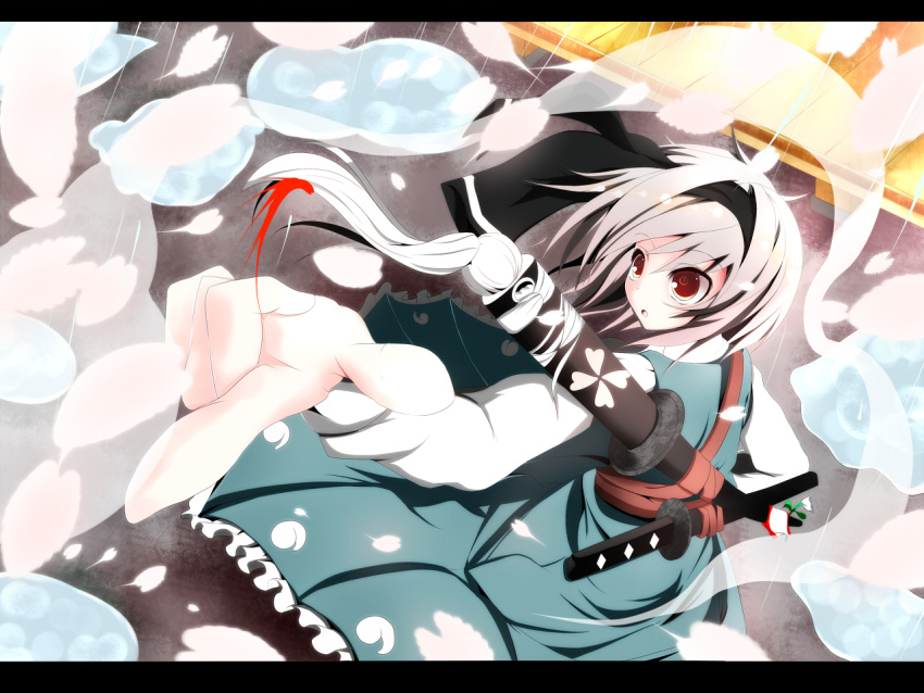 atuuy hairband highres katana konpaku_youmu konpaku_youmu_(ghost) myon red_eyes ribbon short_hair silver_hair solo sukage sword touhou weapon