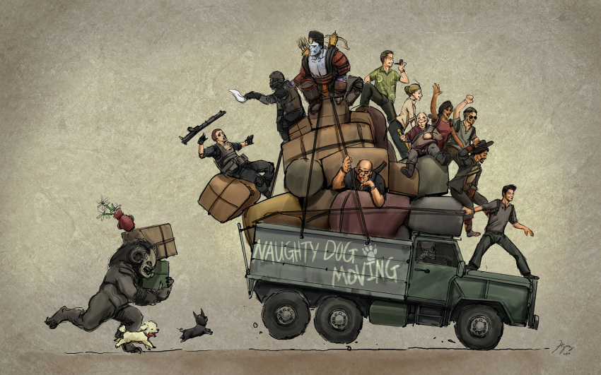 artist_request bow_(weapon) cat character_request chloe_frazer crossbow dog elena_fisher english guardian_(uncharted) gun harry_flynn highres karl_schafer luggage motor_vehicle nathan_drake naughty_dog official_art tenzin truck uncharted vase vehicle victor_sullivan wallpaper weapon zoran_lazarevic