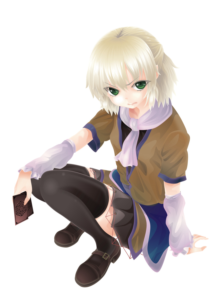 1girl absurdres arm_warmers blonde_hair frown green_eyes hari_(project_railgun) highres looking_at_viewer mary_janes mizuhashi_parsee scarf shoes short_hair short_sleeves skirt solo spell_card squatting thigh-highs touhou vest