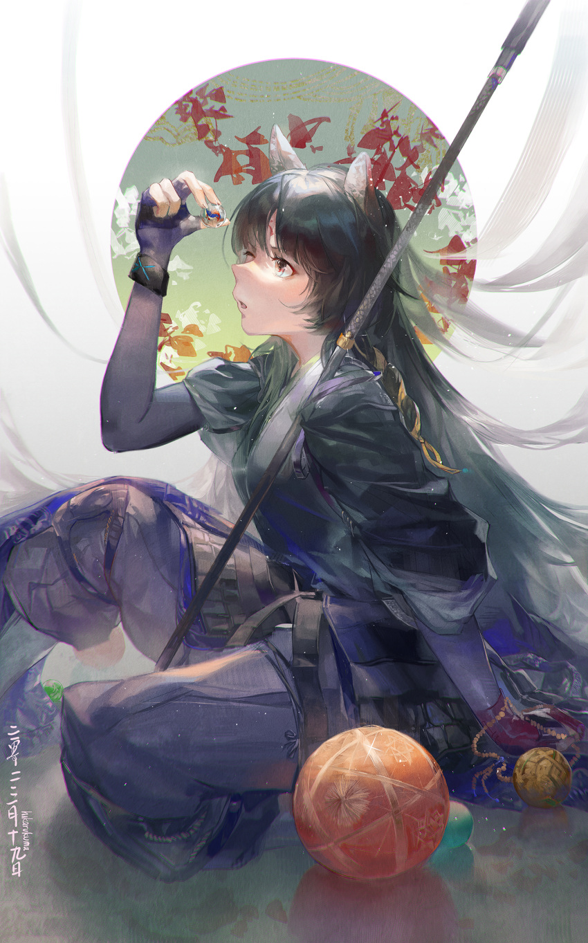 1girl ;o absurdres animal_ears arknights ball black_hair black_kimono bracelet brown_eyes commentary_request daylightallure dog_ears dog_girl elbow_gloves fingerless_gloves gloves highres holding japanese_clothes jewelry kimono knee_pads knee_up long_hair marble one_eye_closed open_mouth pants puffy_pants purple_gloves purple_pants saga_(arknights) signature sitting solo temari_ball very_long_hair weapon