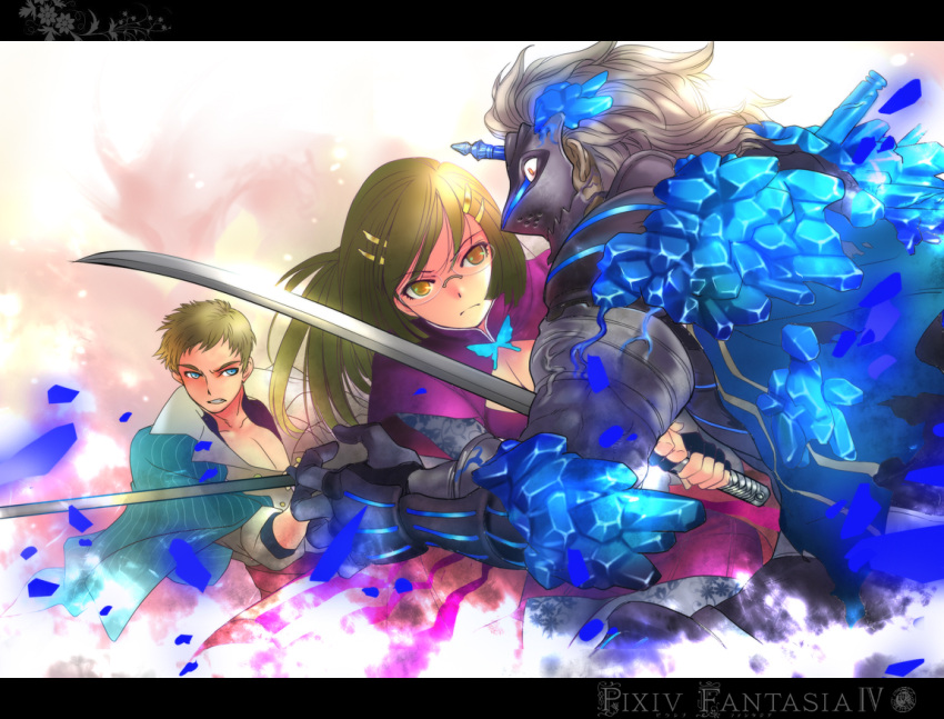 battle blonde_hair blue_eyes brown_hair fujisaka_kuuki gauntlets glasses hair_ornament hairclip katana mask pixiv pixiv_fantasia pixiv_fantasia_4 sword weapon yellow_eyes