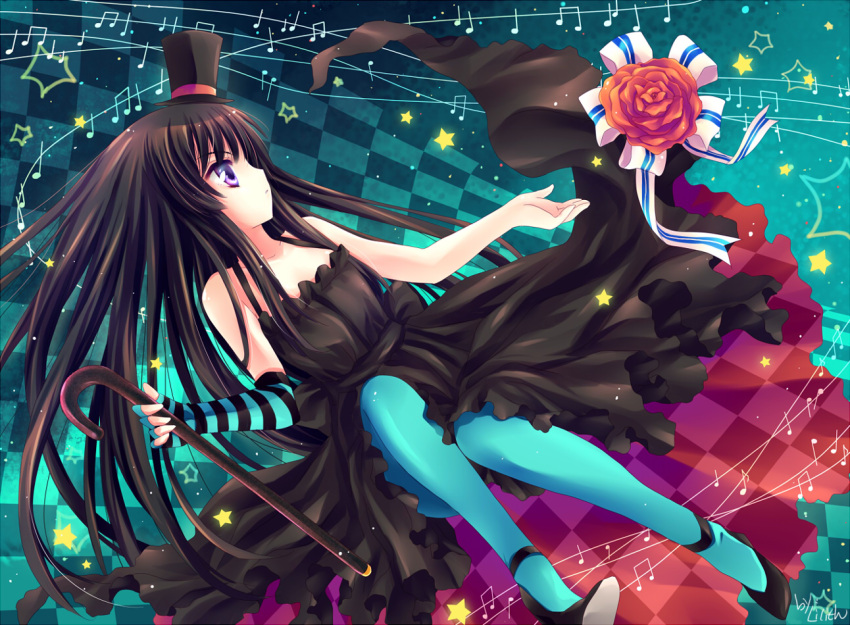 1girl akiyama_mio black_hair blue_legwear bouquet cane checkered don't_say_"lazy" don't_say_lazy dress fingerless_gloves flower gloves hat k-on! lilith_(lilithchan) long_hair mini_top_hat musical_note pantyhose purple_eyes solo star top_hat turquoise_pantyhose violet_eyes