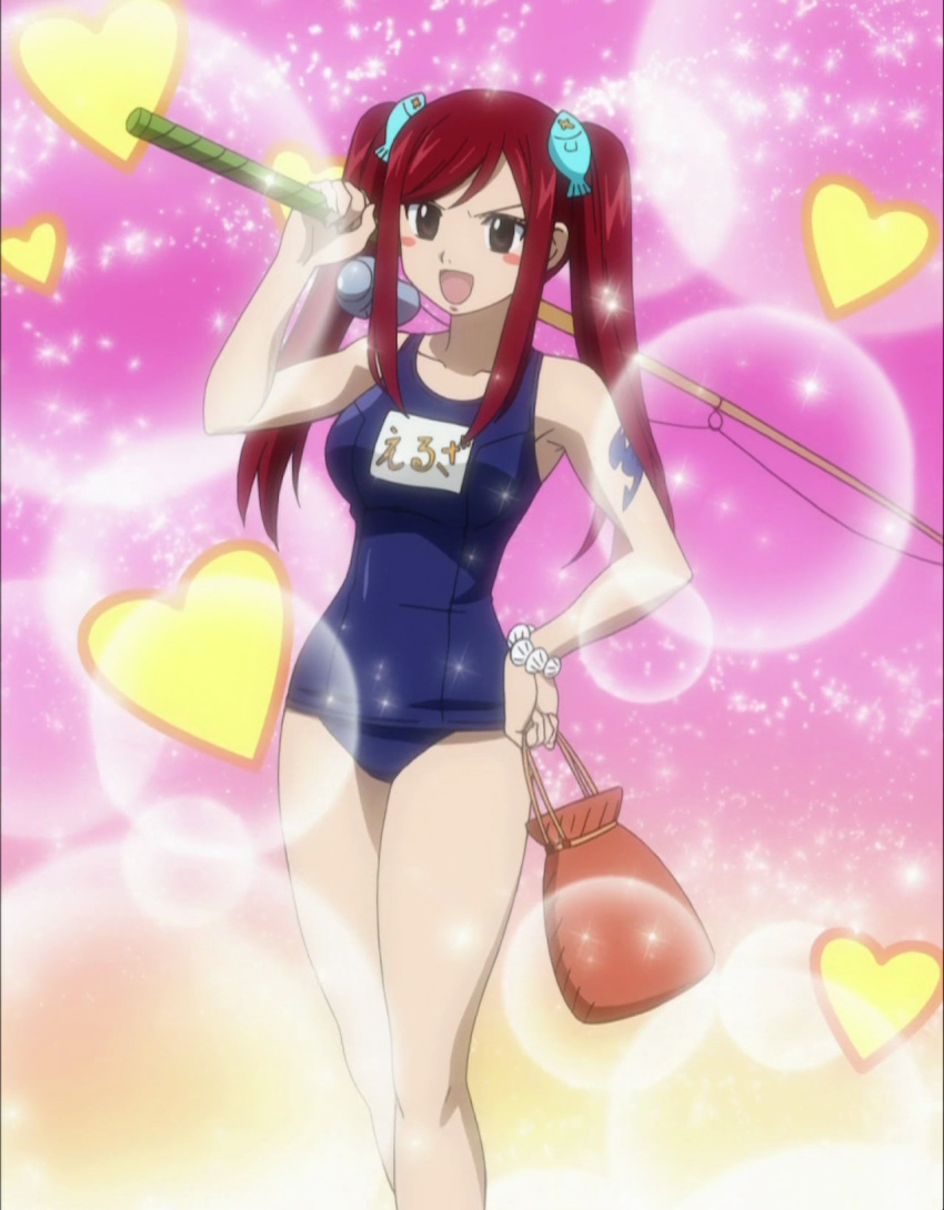 fairy_tail fish_hair_ornament fishing_rod happy_(fairy_tail) highres one-piece_swimsuit personality_swap pigtails pink_background red_hair redhead school_swimsuit screencap short_twintails stitched swimsuit twintails