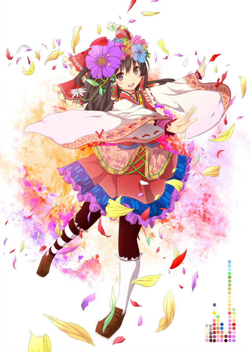 akeboshi_kagayo alternate_costume brown_hair colorful dancing detached_sleeves floral_print flower hair_flower hair_ornament hakurei_reimu highres loafers myoujou_you outstretched_arms palette pantyhose petals red_eyes shoes smile spread_arms touhou wrist_cuffs