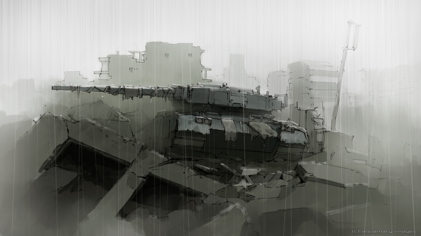 caterpillar_tracks military military_vehicle no_humans original rain ruins tank vehicle