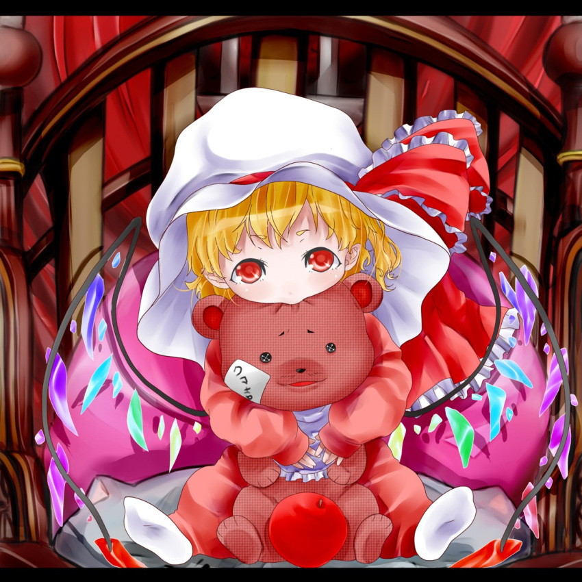 alternate_wings apple bear_hug bed biting blonde_hair chibi doll doll_hug flandre_scarlet food fruit hat head_biting highres pajamas patch red_eyes shunsuke side_ponytail sitting solo stuffed_animal stuffed_toy teddy_bear the_embodiment_of_scarlet_devil touhou translation_request wings